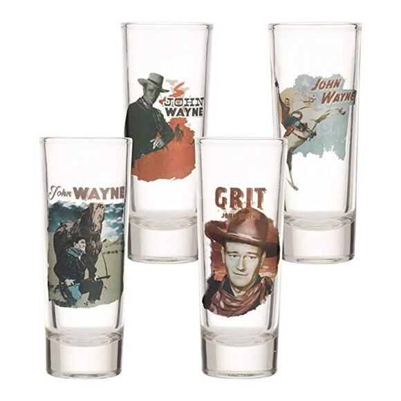 John Wayne 4 Piece Laser Decal Tall Glass Shooter Set NEW in Box Barware Shot - Picture 2 of 7